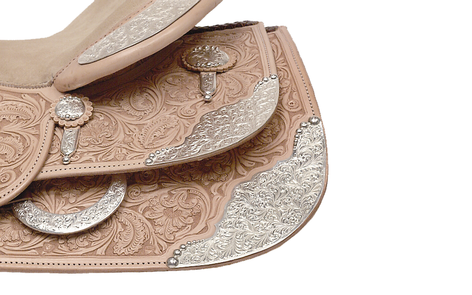Shiloh saddle rear skirt corner panels and housing plates for custom saddles.