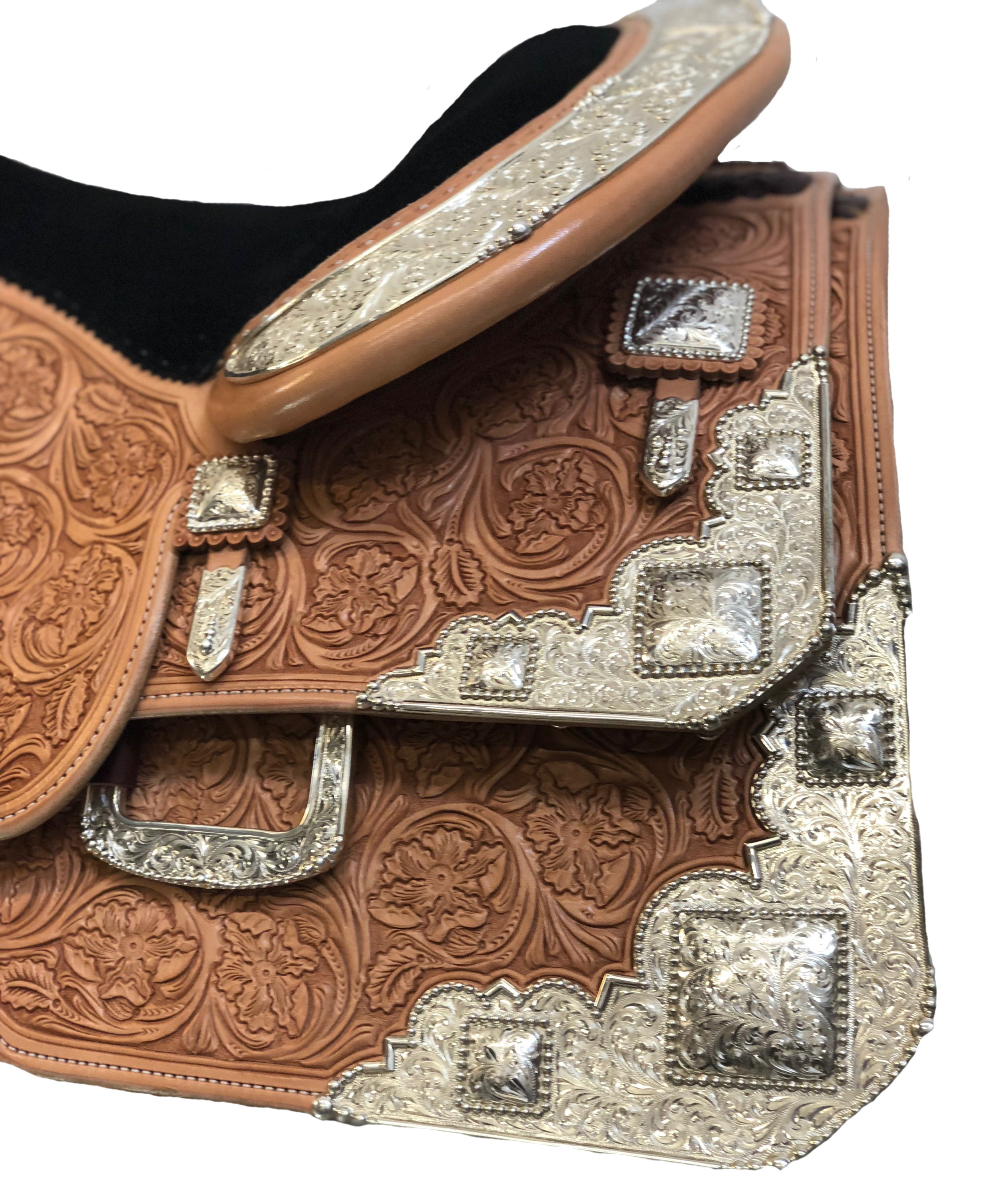 Silver cantle plate crafted for custom western saddles with elegant western styling.