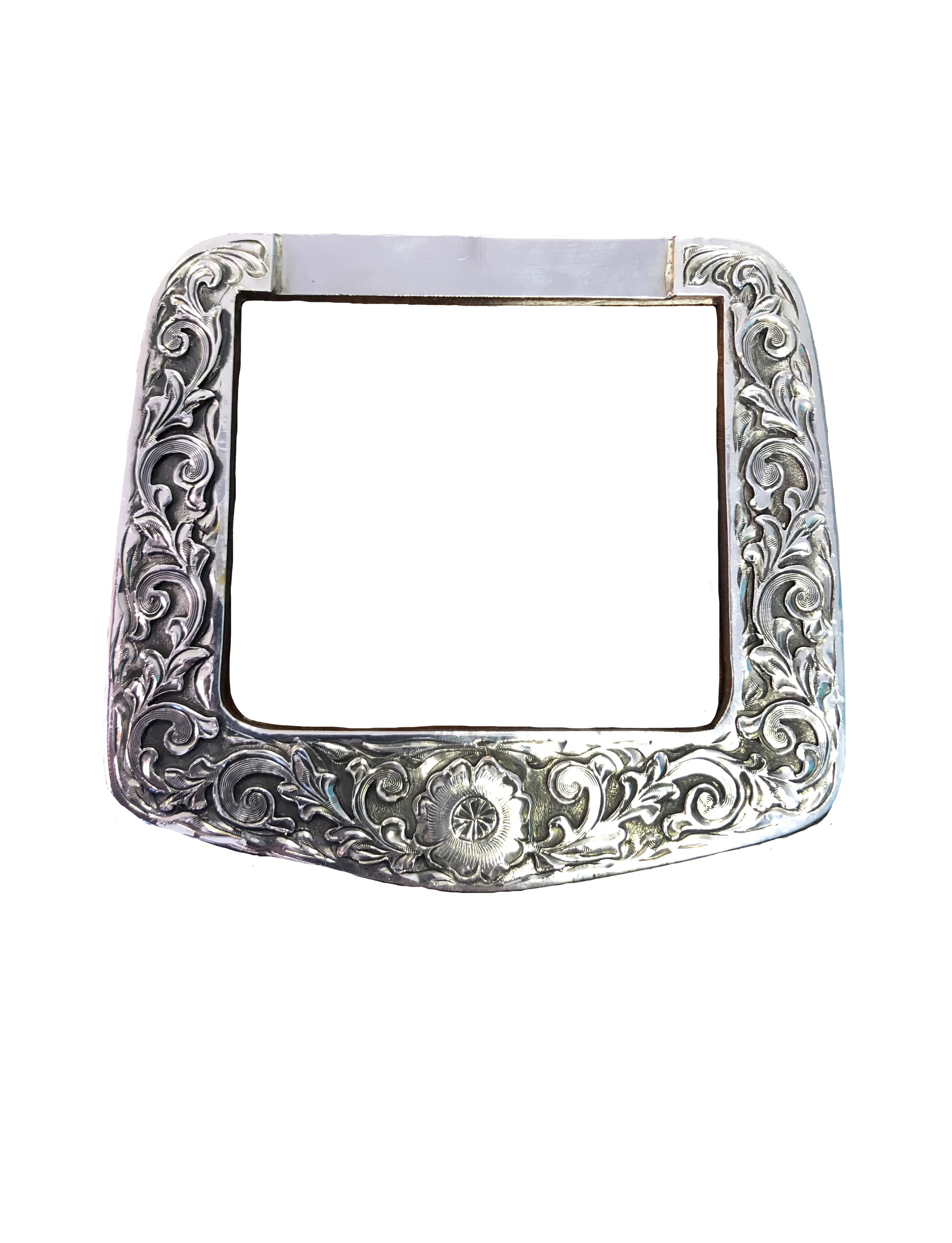 Silver overlay rear Dee with scrolls, flower, and teardrops for custom western saddles.