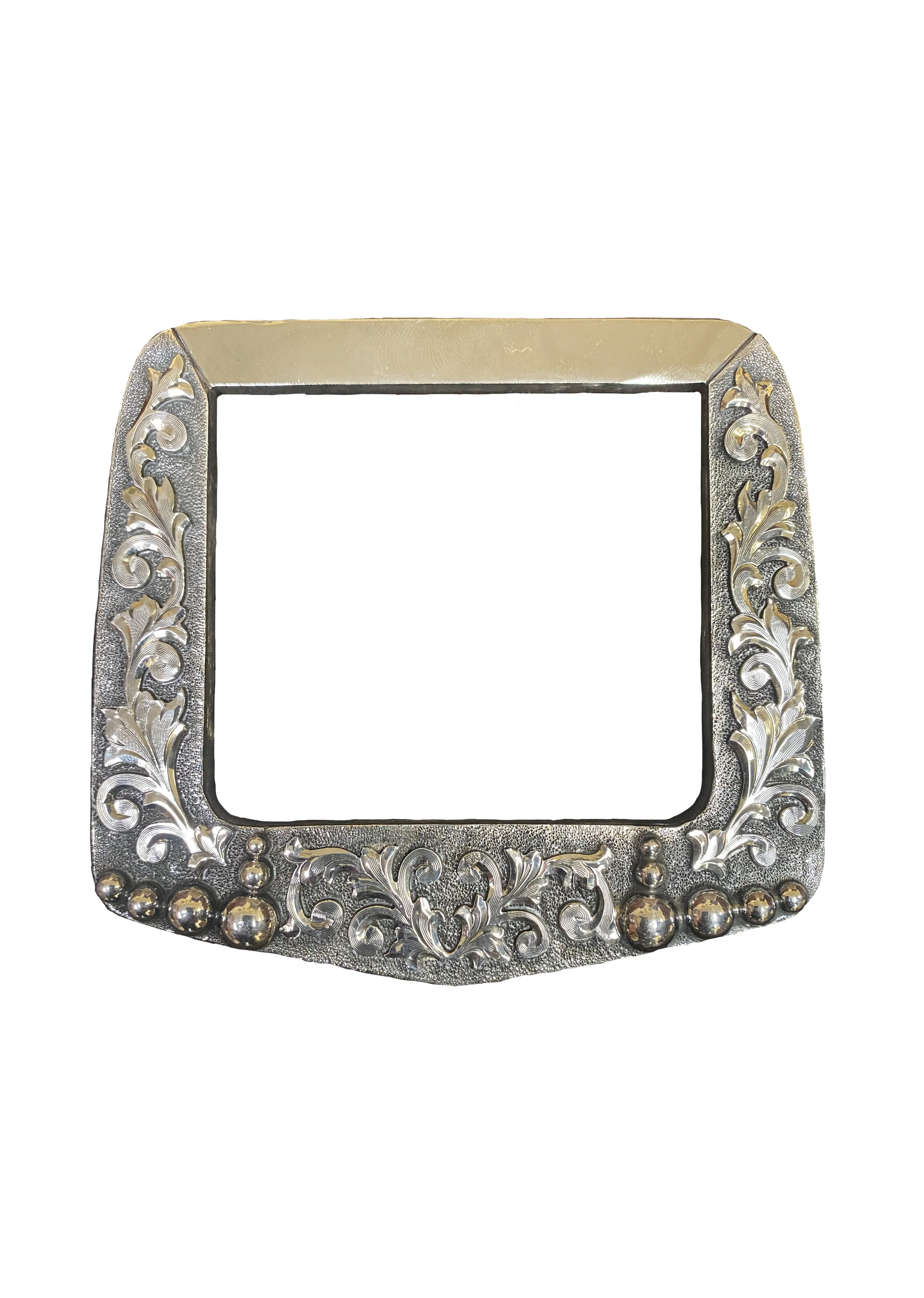 Silver overlay rear Dee with scrolls and teardrops for custom western saddles.