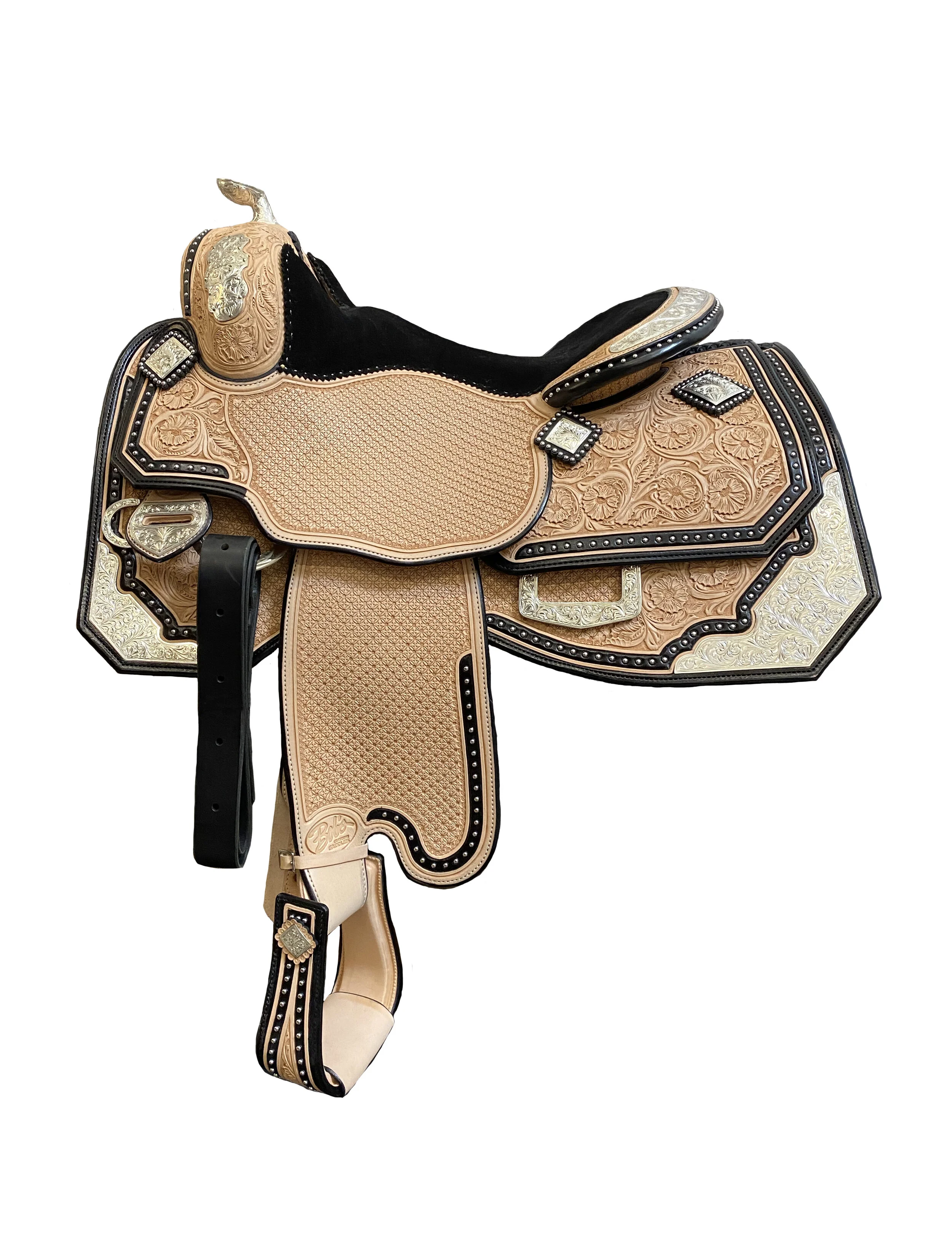Silver Show Saddle 634 handcrafted with premium leather and custom silver accents for western shows.