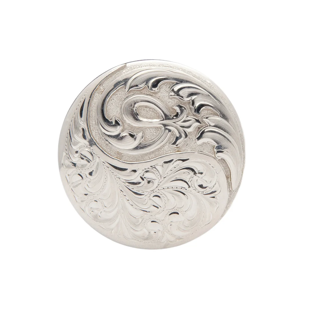Silverton silver concho with detailed engraving for custom western saddles and leatherwork.