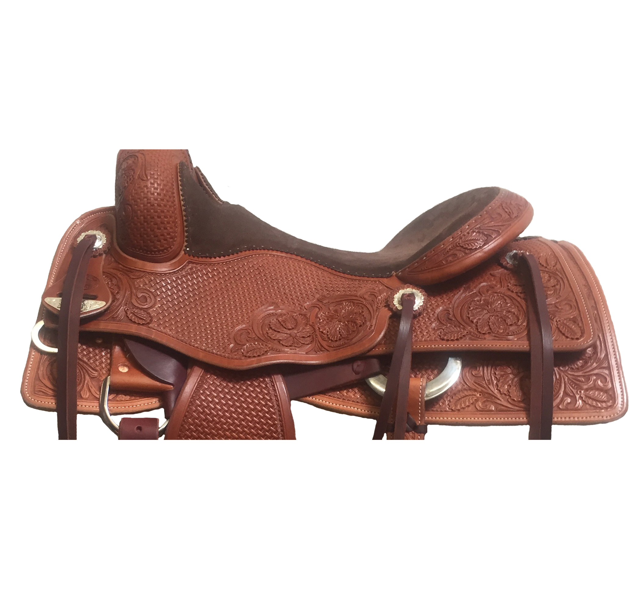 Single padded western saddle seat with dense rubber cushioning for rider comfort.