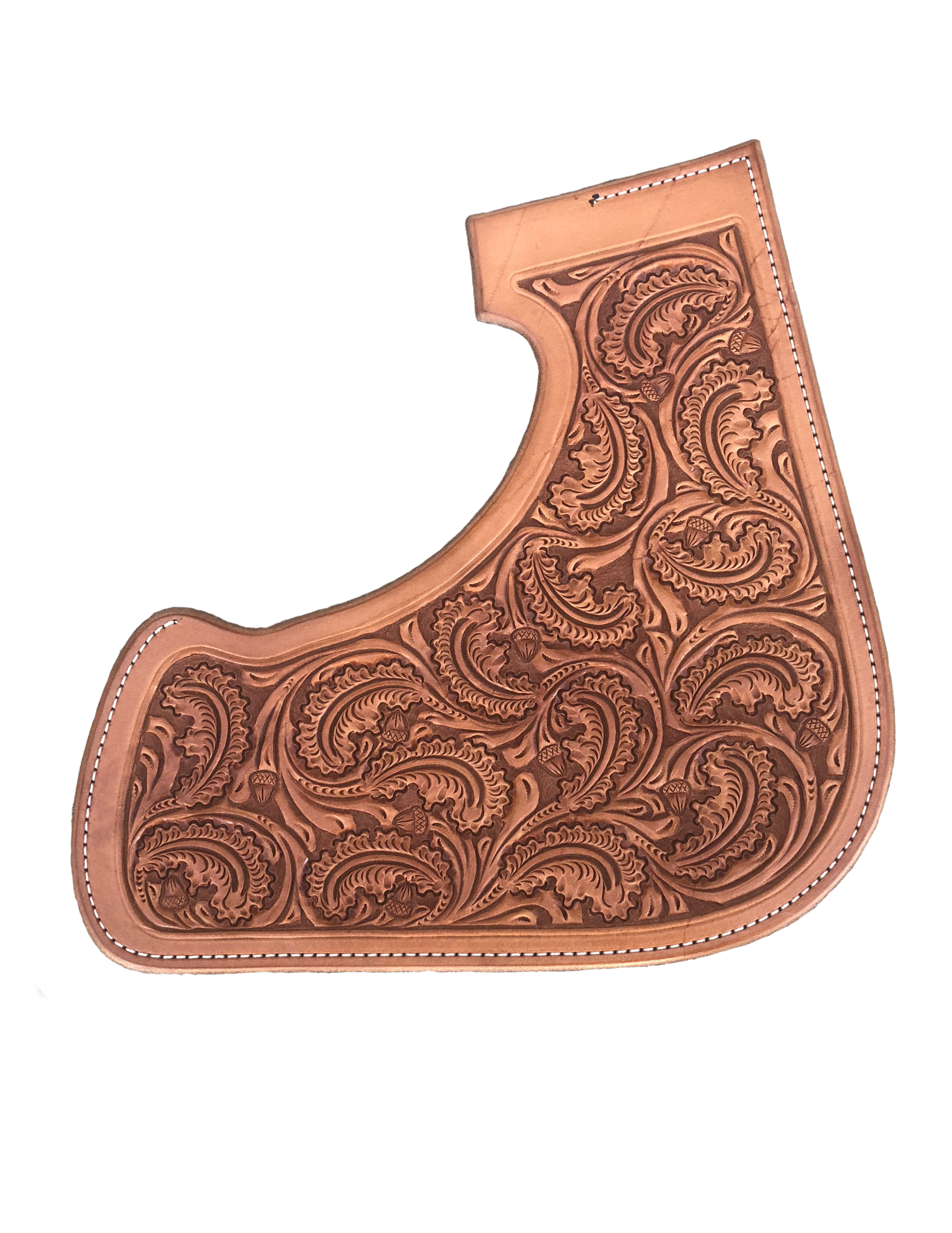 Small acorn leather tooling for custom western saddle leatherwork.