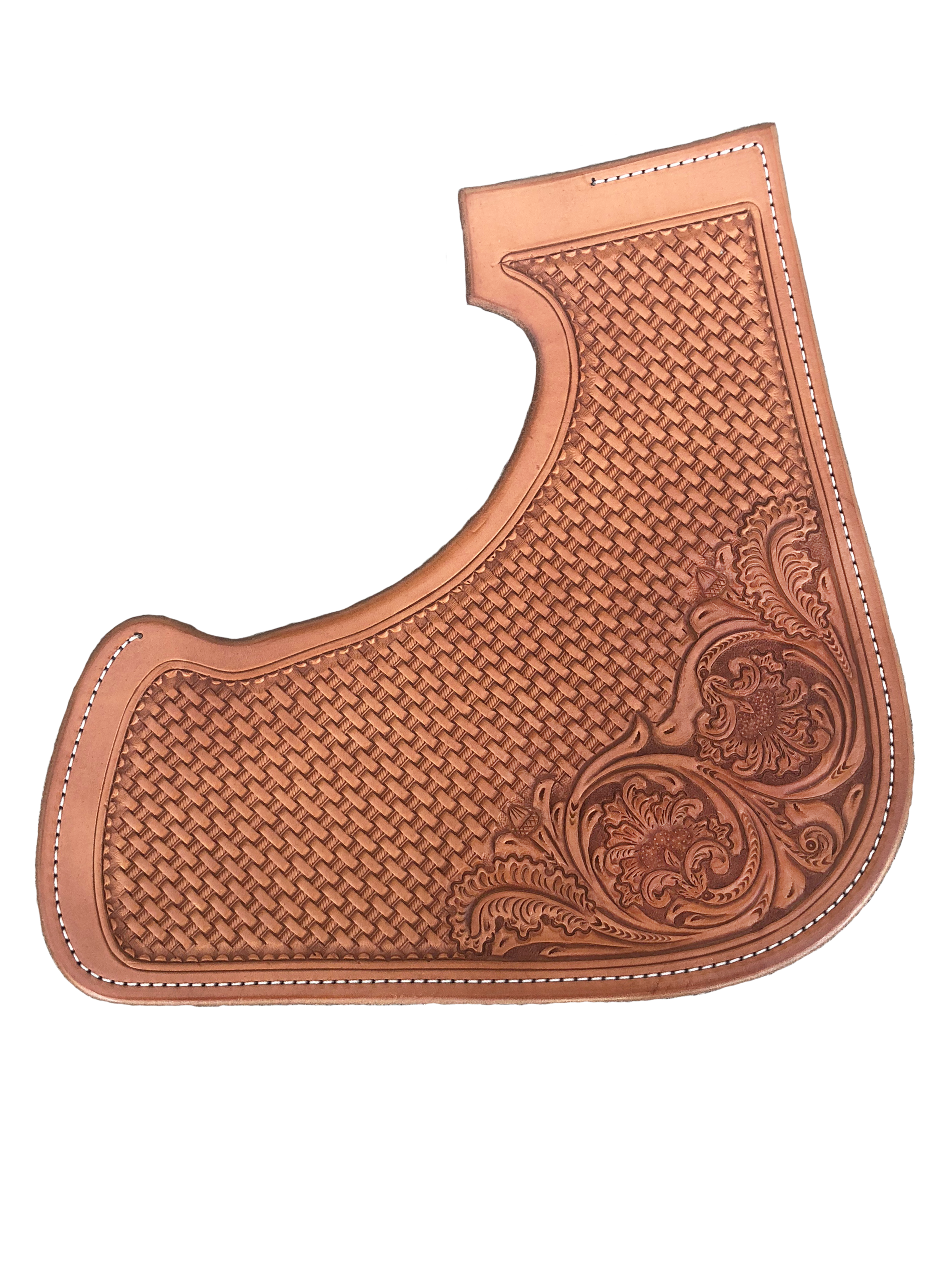 Small basket stamp with Entz floral corners for premium saddle tooling.