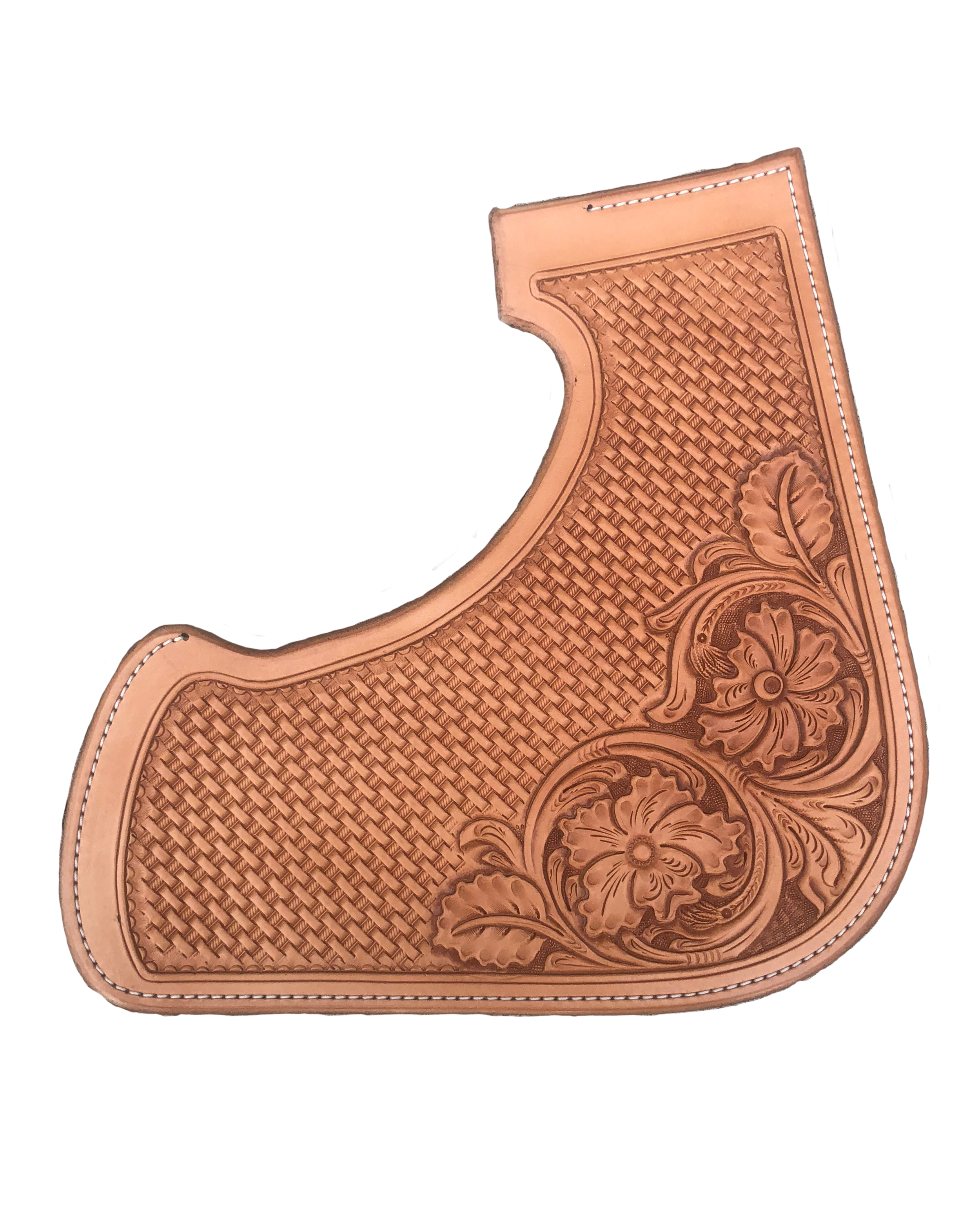 Small basket stamping with Sheridan floral corners for custom western saddles.