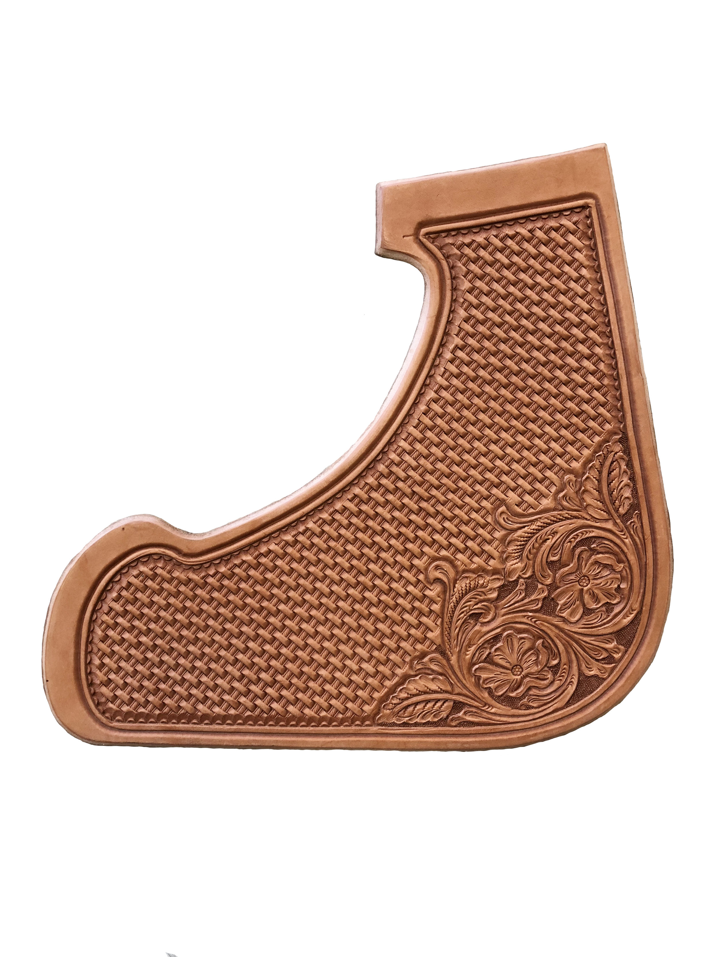 Small basket stamp with floral corners for handcrafted western saddles.