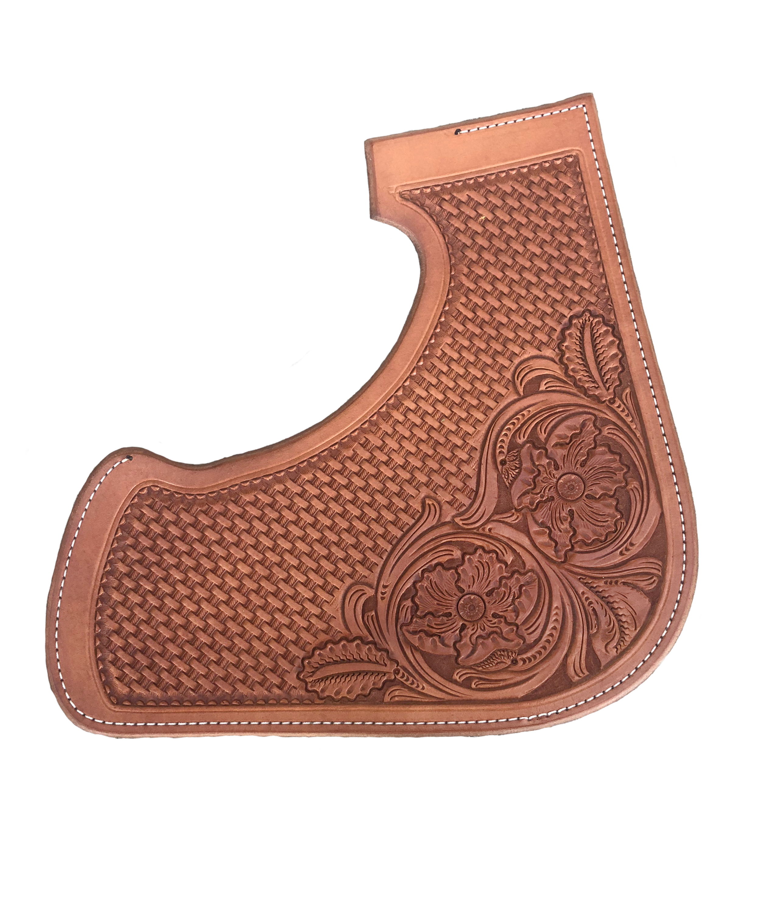 Small basket stamp with wild rose corners for custom western saddles.
