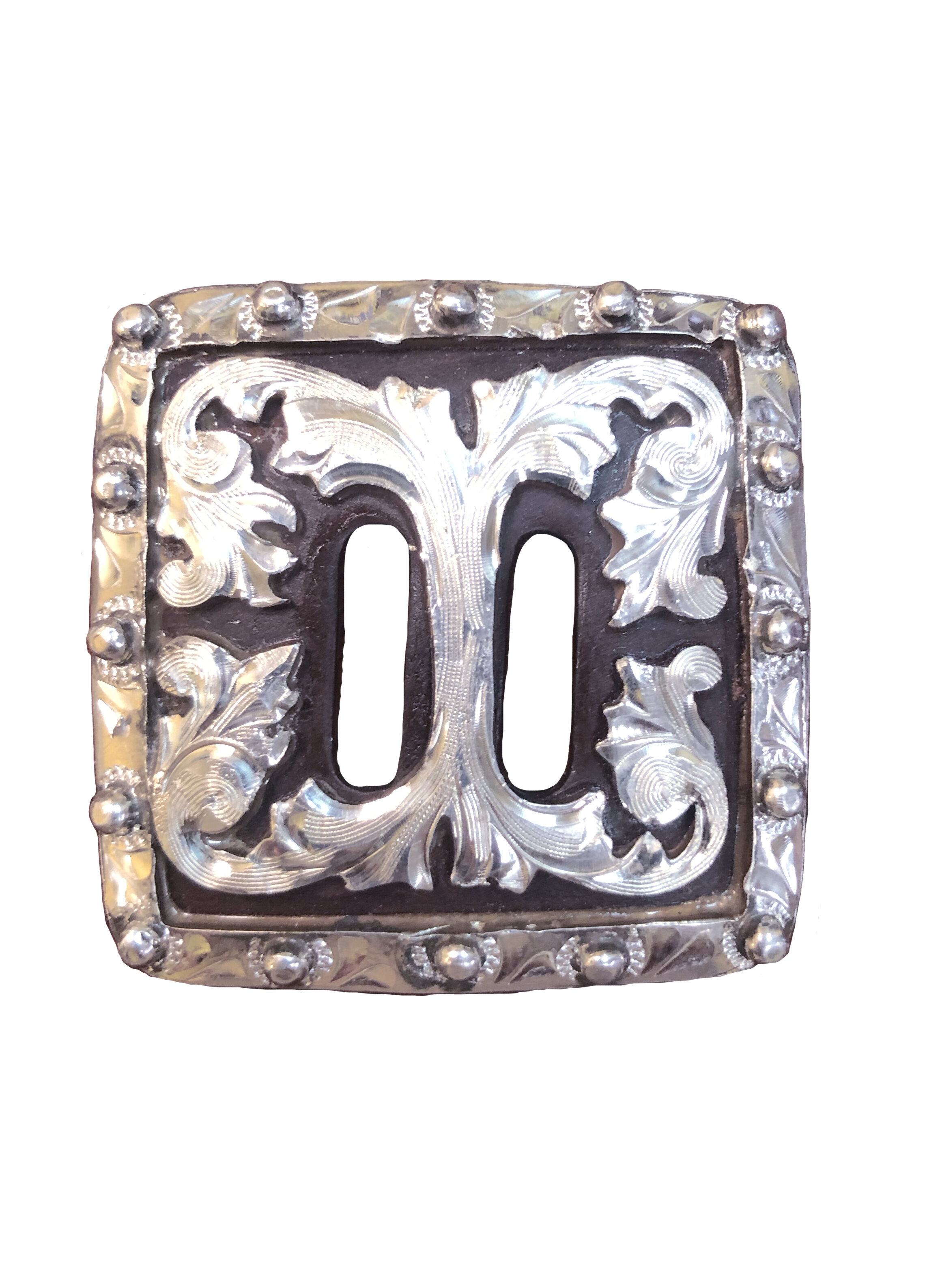 Sonora slotted concho with rust iron and silver finish for custom western leatherwork.