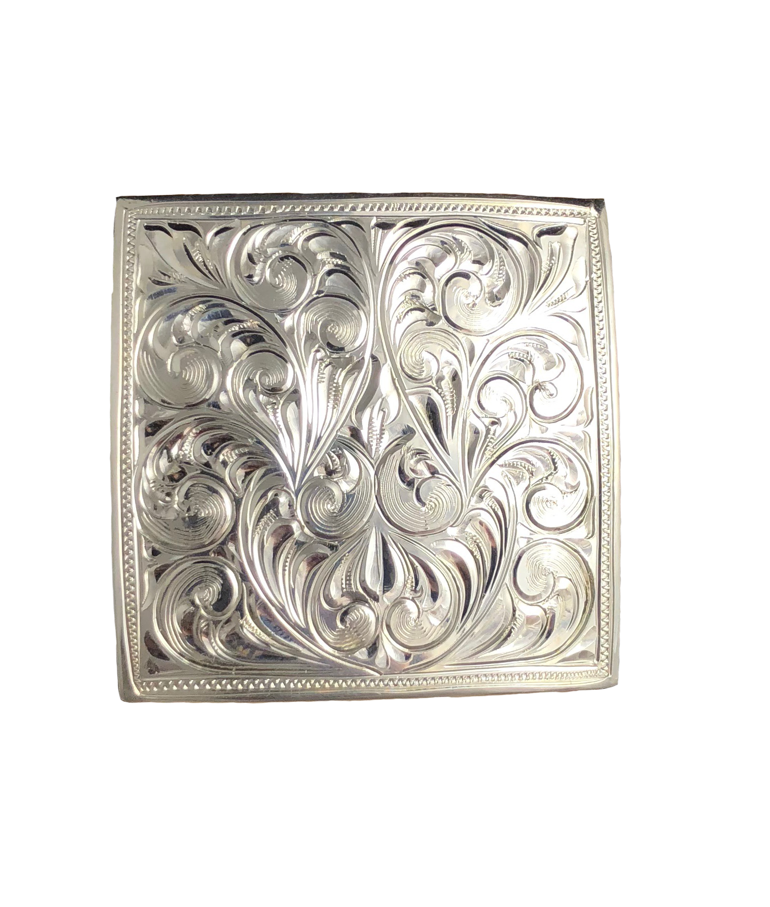 Square Arizona concho featuring engraved western styling for custom saddles and tack.