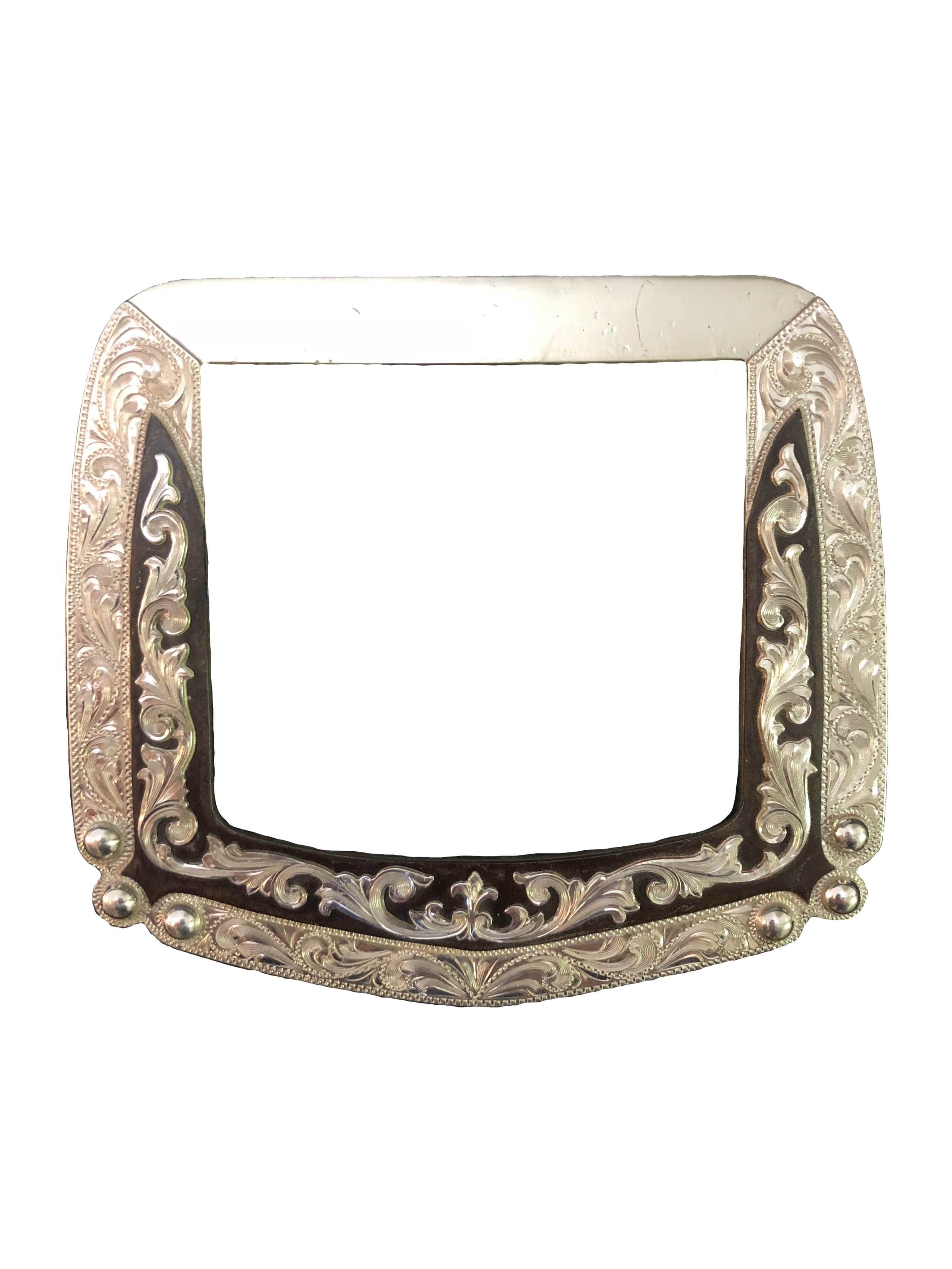 Square brown iron rear Dee with silver overlay for premium western saddle hardware.