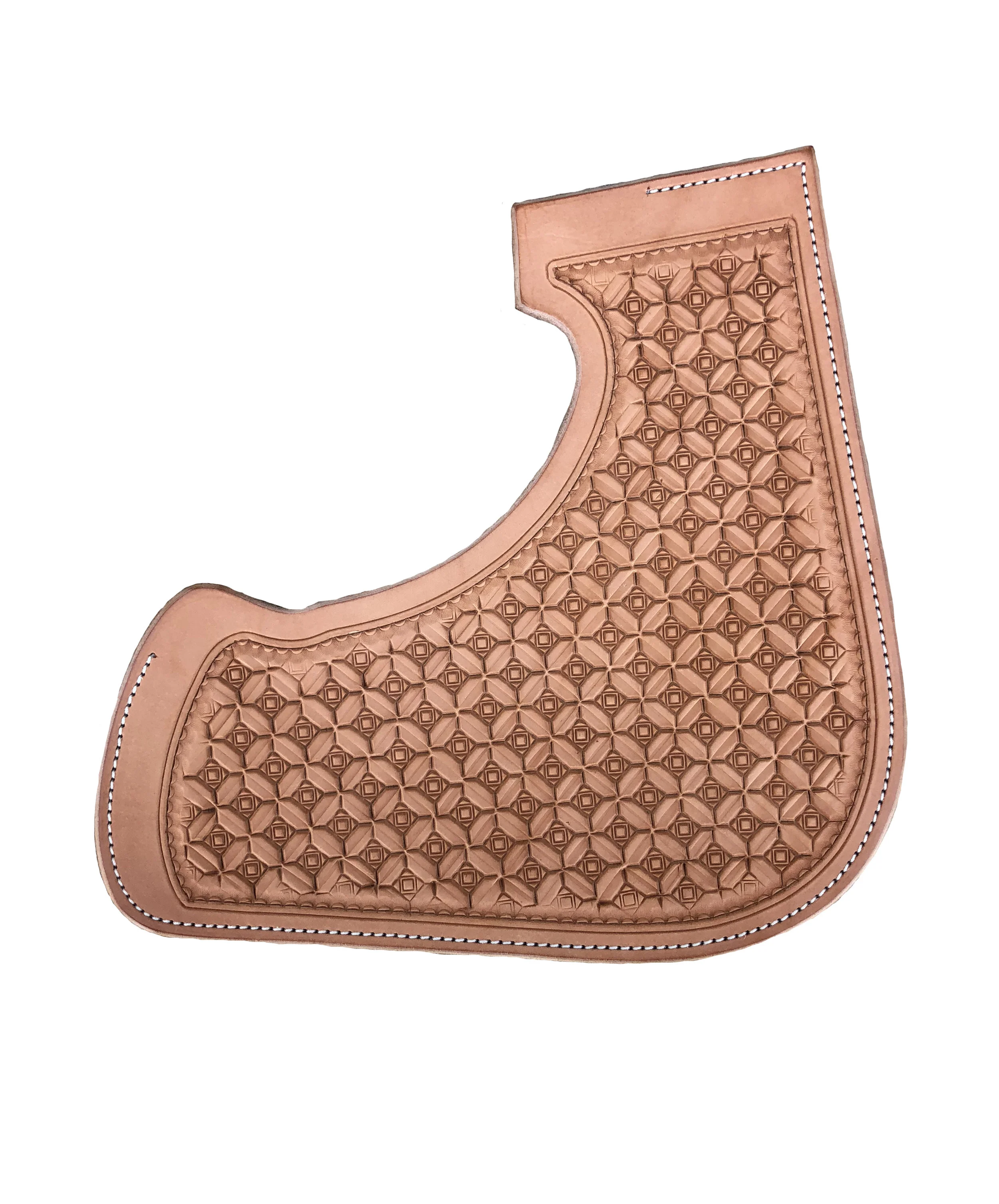 Square waffle leather stamping for custom western saddle tooling.