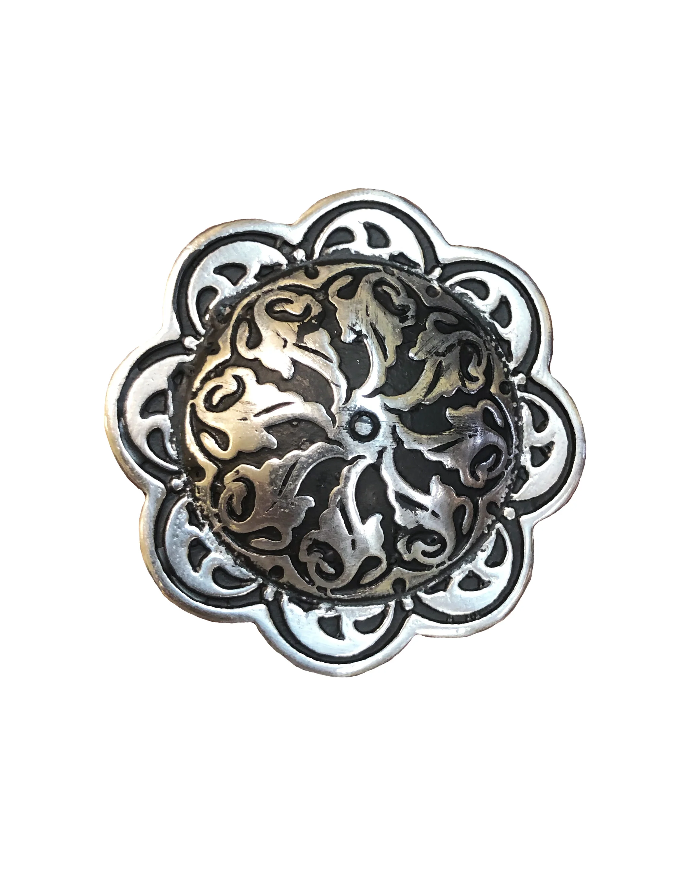 Stainless steel Jeremiah Watt concho designed for western saddles, tack, and leatherwork.