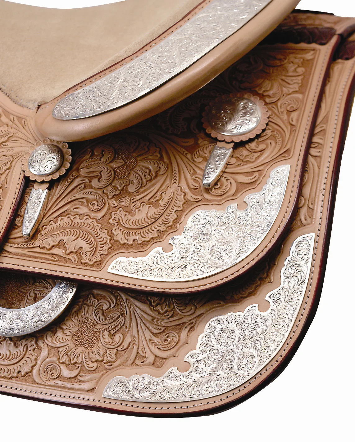 Tempe rear skirt corner and housing plates for custom western saddles with premium finish.