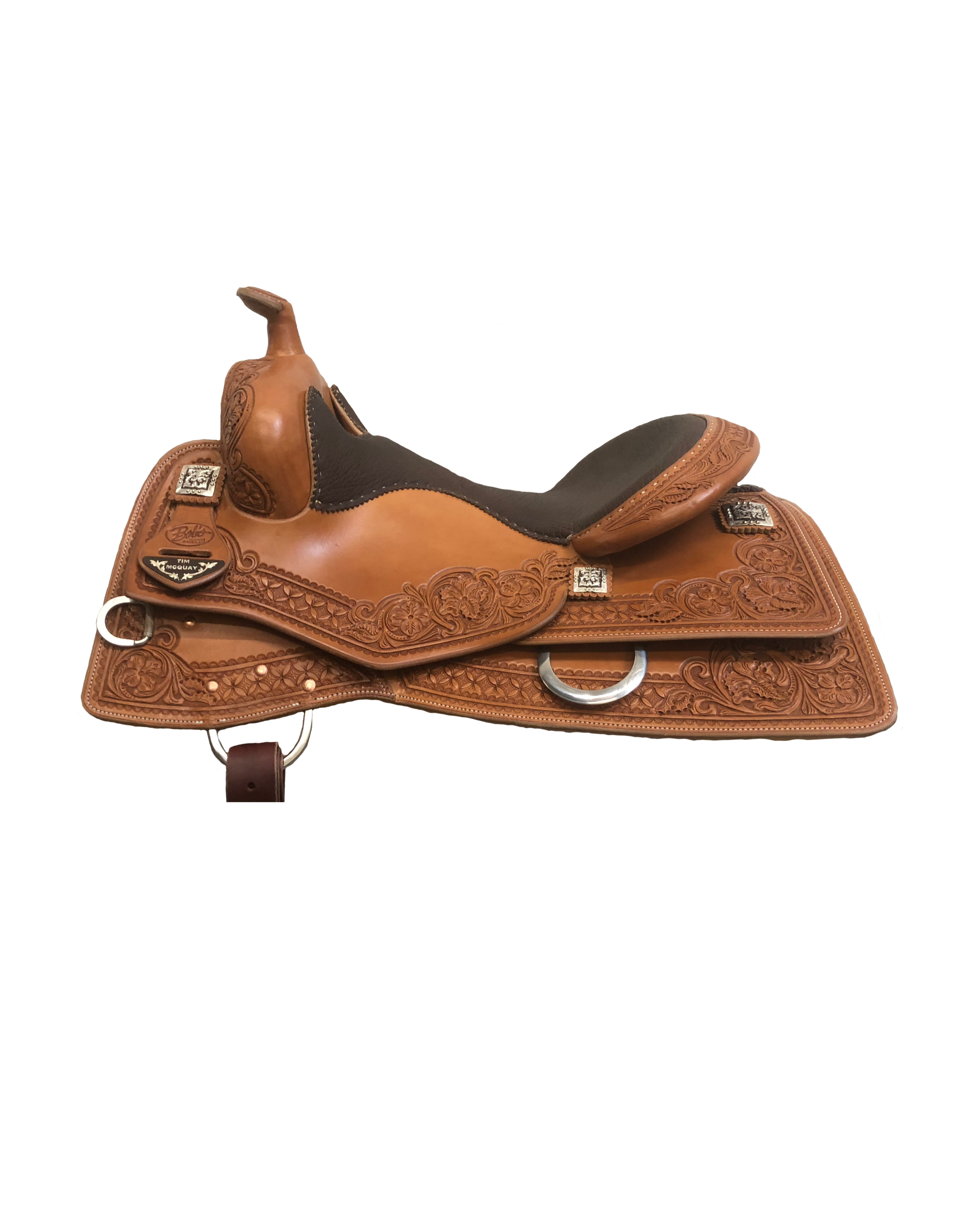 Tim McQuay square skirt with built-in close-contact cut-up for reining saddles.