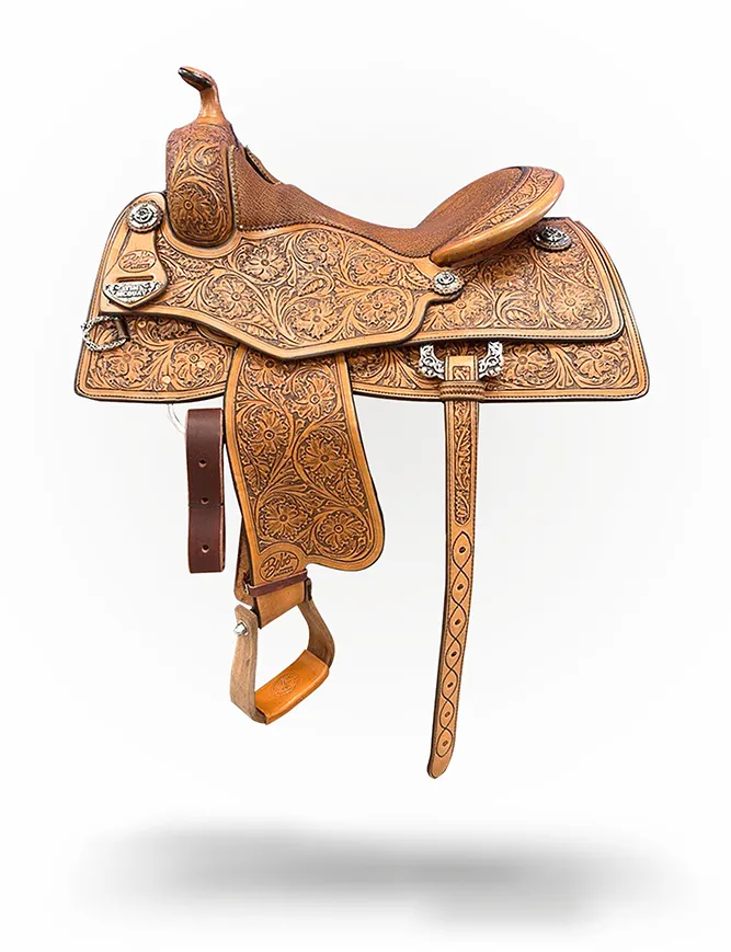 Tim McQuay Stock 054 premium western reining saddle handcrafted for balance and precision riding.