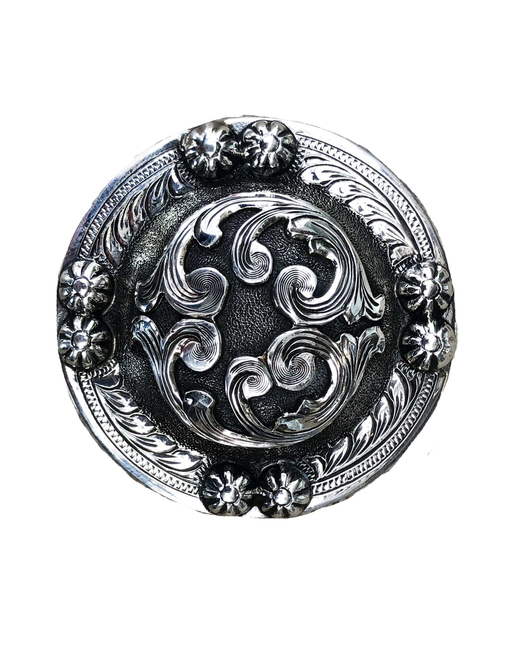 Tombstone oxidized silver concho crafted for premium custom western leather saddles.