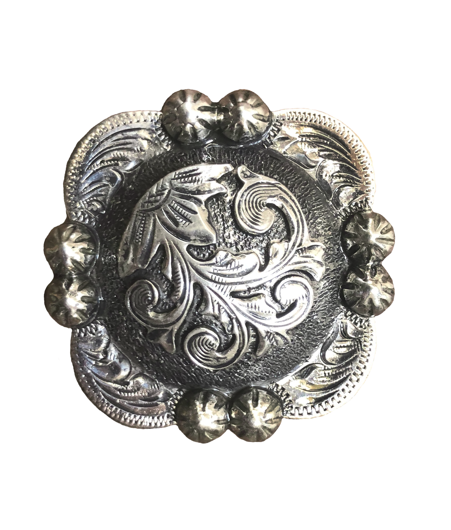 Tombstone oxidized silver concho crafted for custom western leatherwork and saddles.