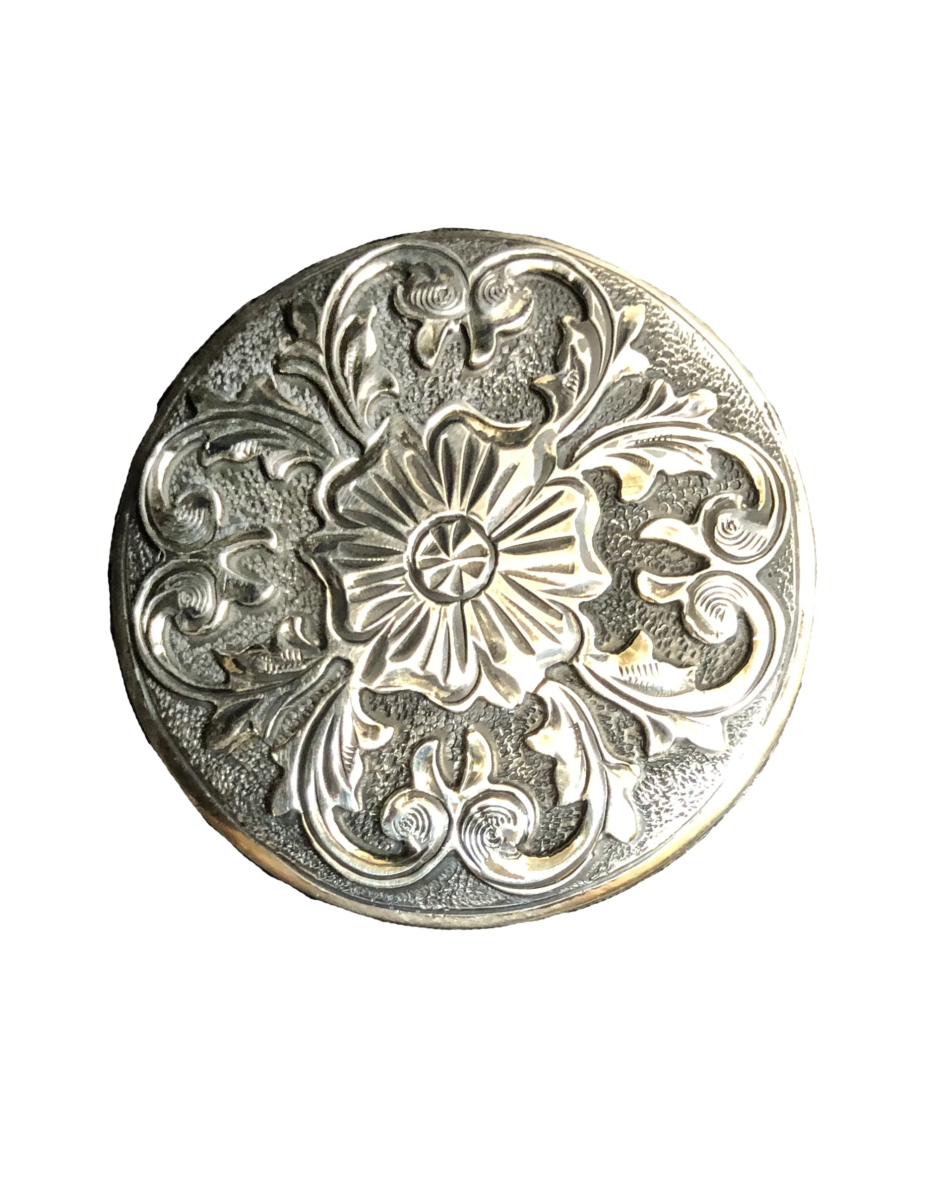 Tombstone round overlay concho with raised scrolls and floral design for western saddles.