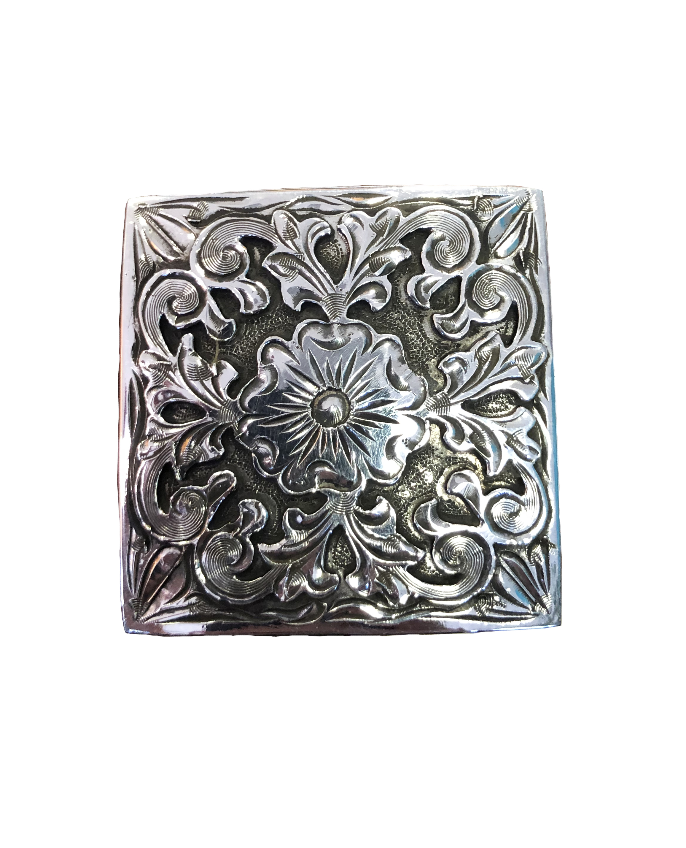 Tombstone western concho featuring floral scroll engraving for premium saddle leatherwork.