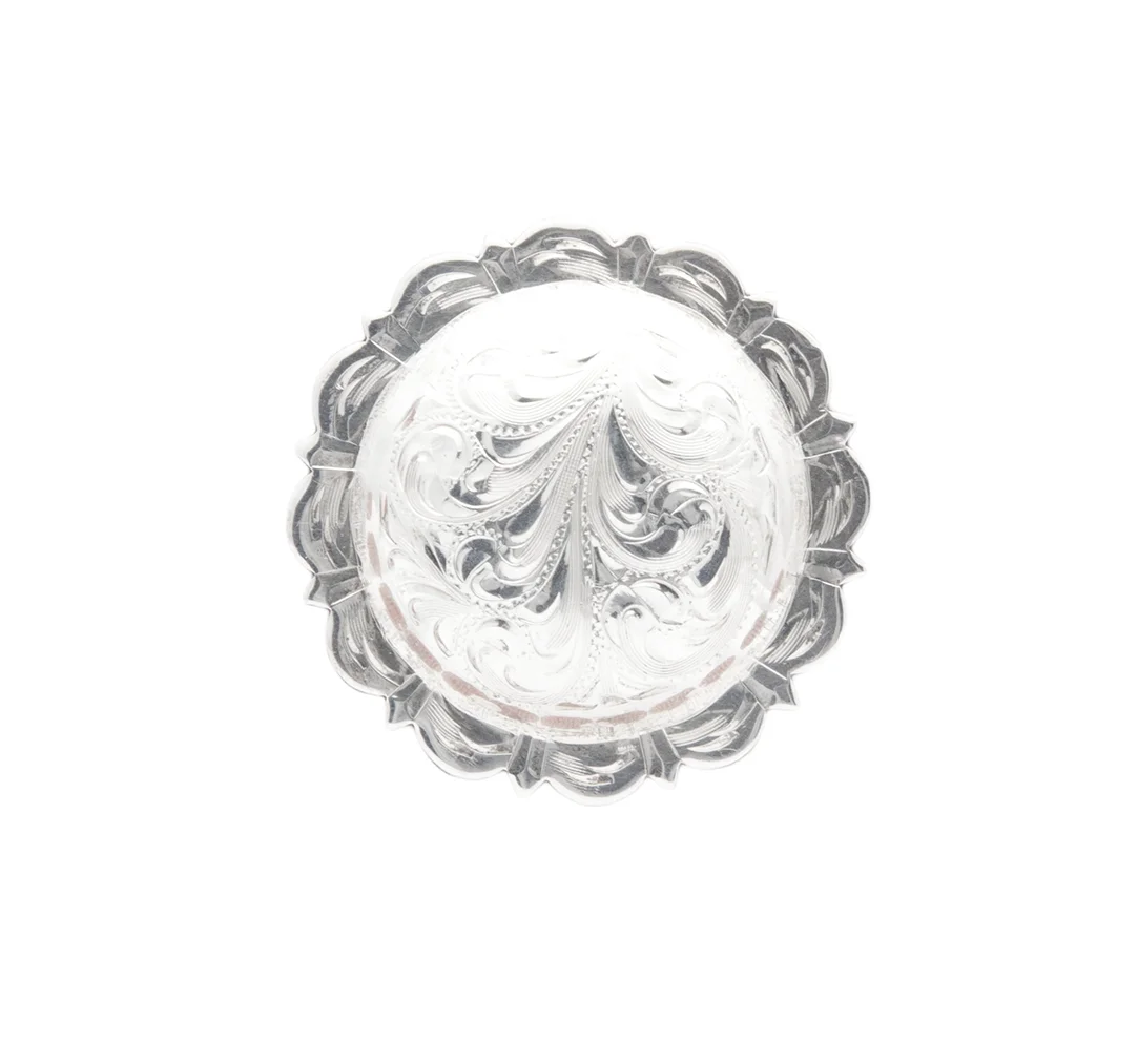 Tucson style silver concho crafted for custom western saddles, tack, and leather gear.