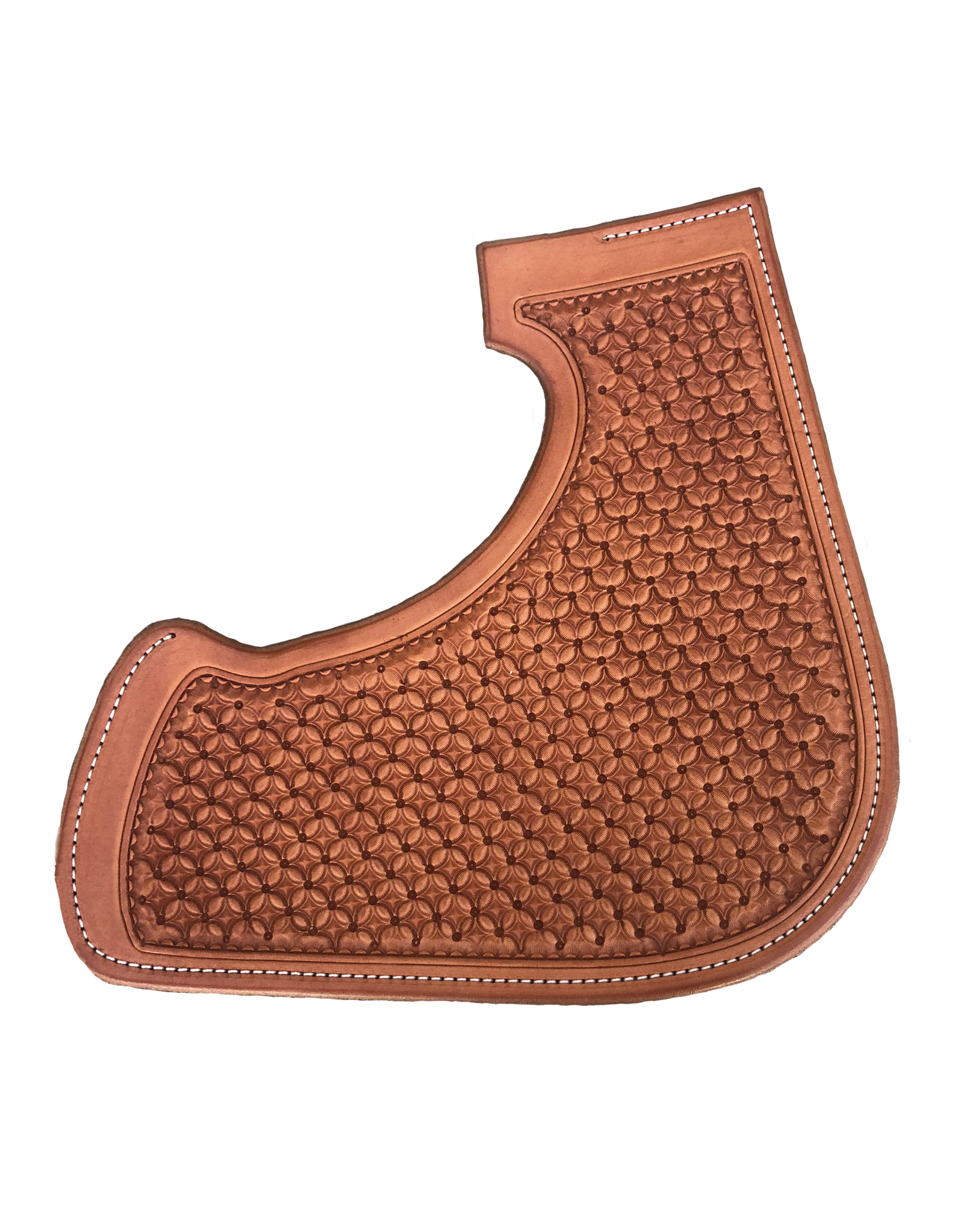 Waffle stamp leather tooling for handcrafted western saddle designs.