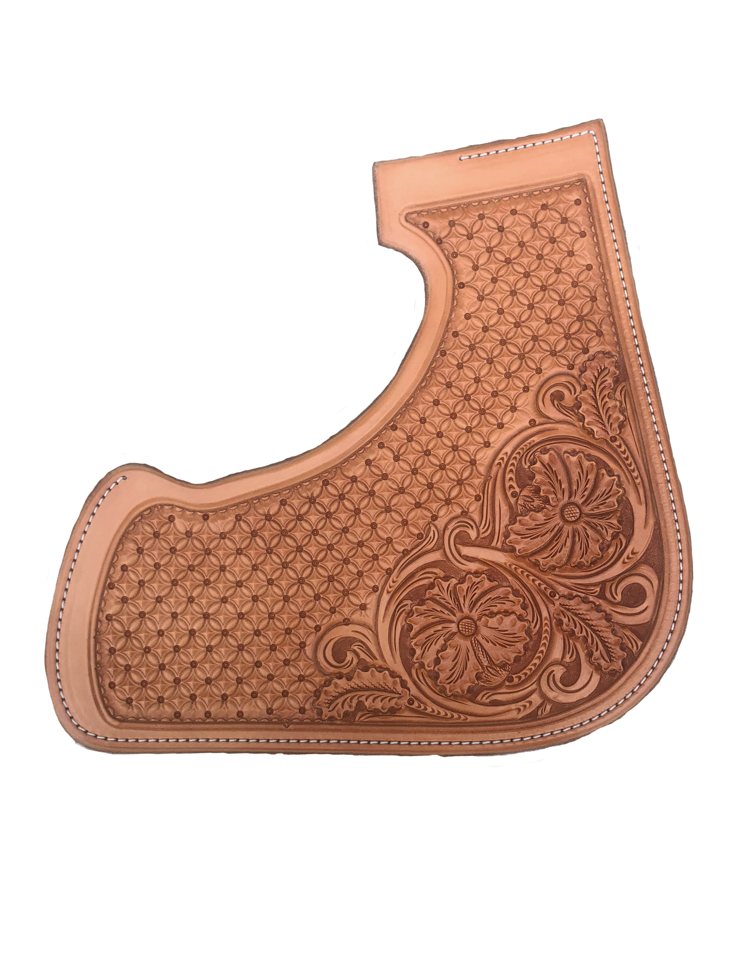 Waffle stamp with Tucson rose corners for western saddle leather tooling.