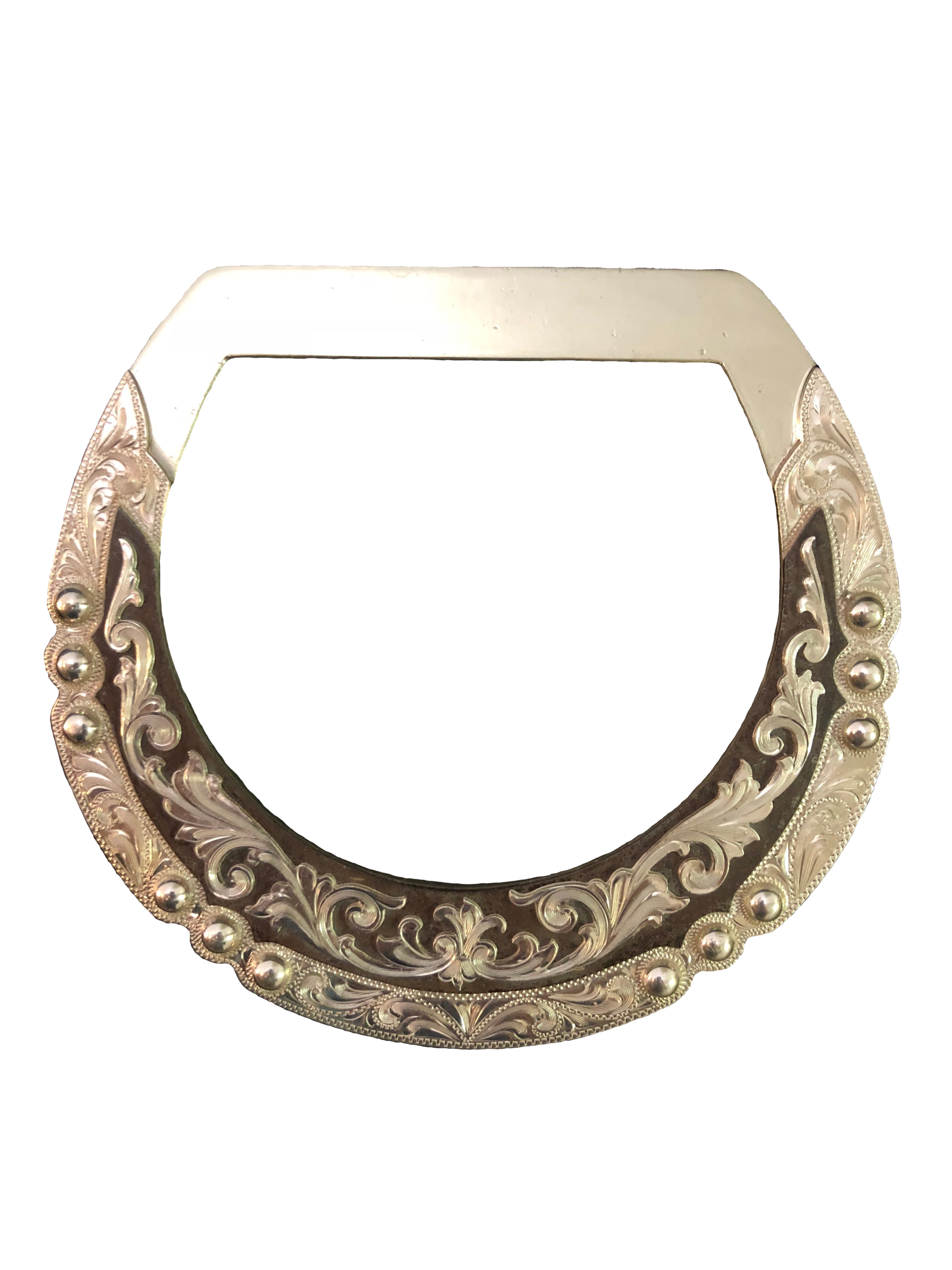 Brown iron and silver round rear Dee crafted for custom western saddles and tack.