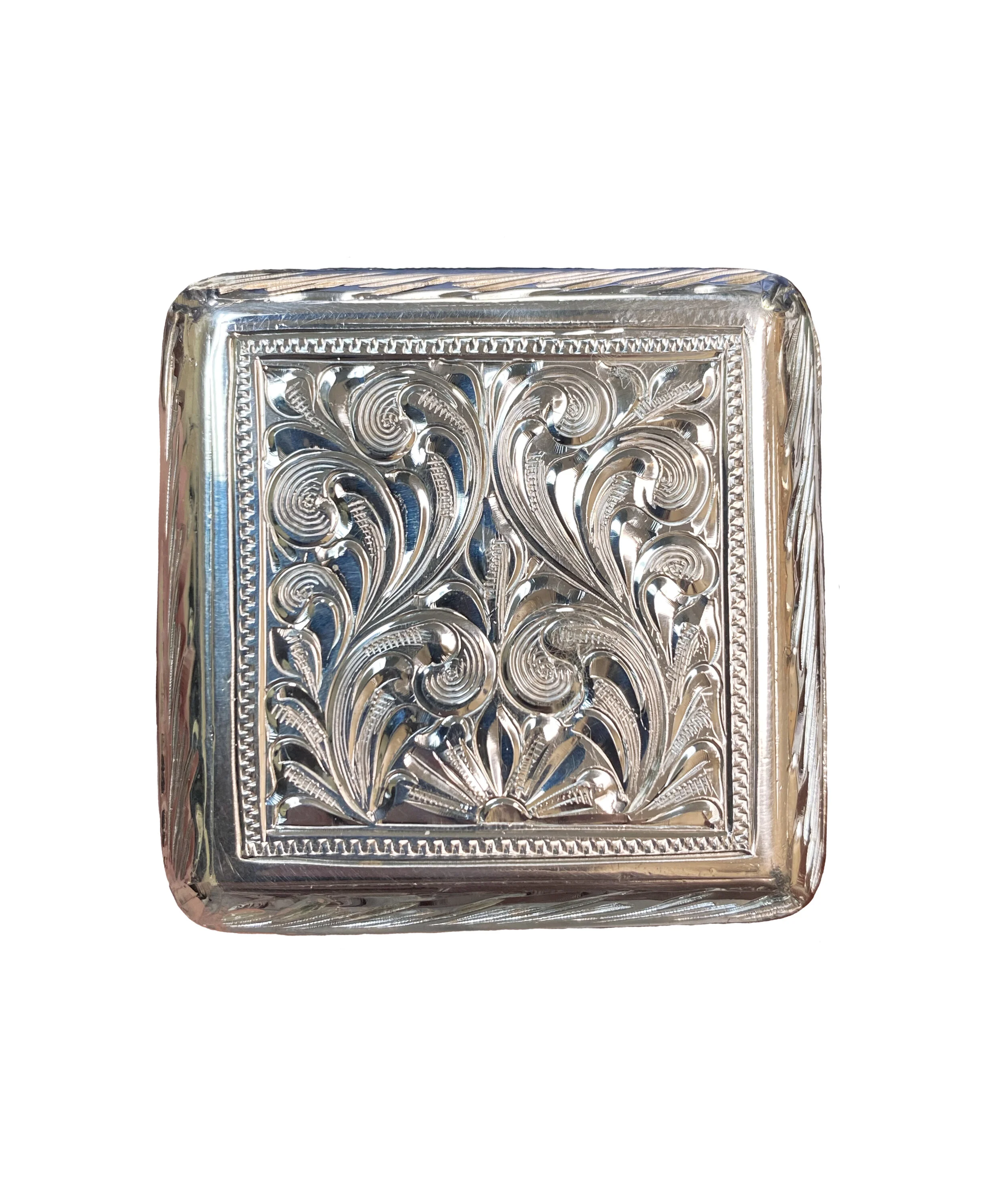 Western Square Abilene concho featuring decorative engraving for custom western saddles.