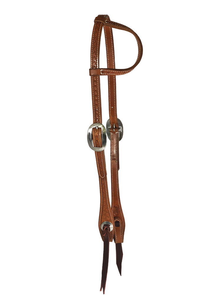 Basket stamped one ear western headstall handcrafted from premium leather with a classic basketweave design.