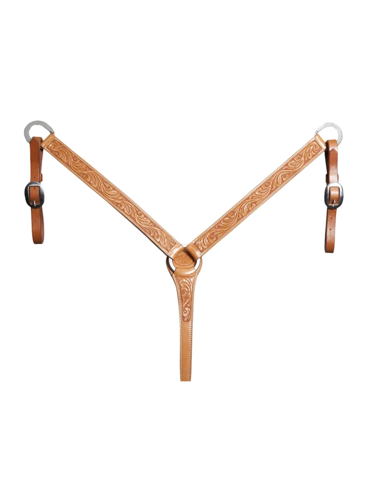 Ring in center western breast collar featuring hand-tooled floral leather craftsmanship and durability.